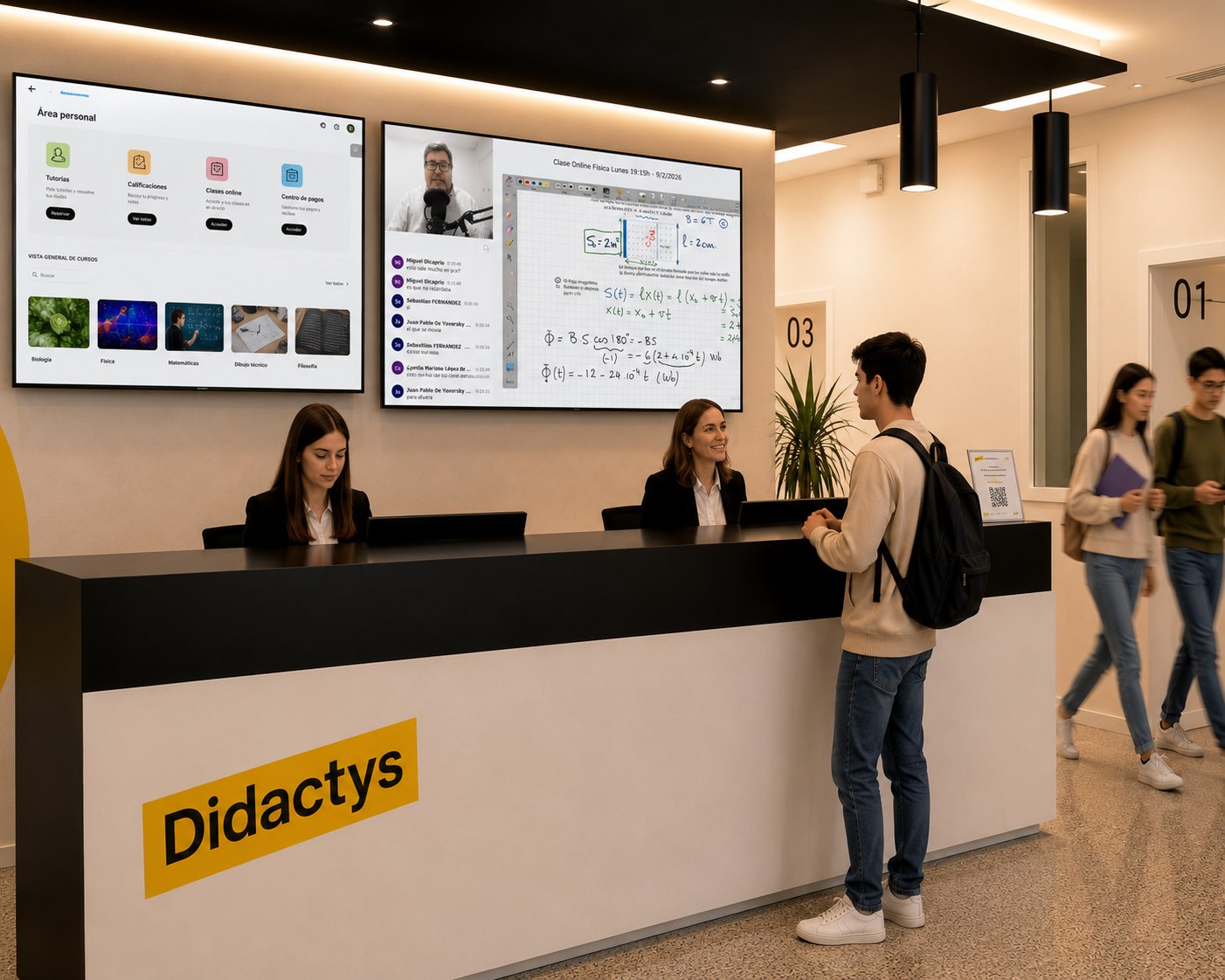 Atención a alumnos en la recepción de Didactys, con pantallas del aula virtual