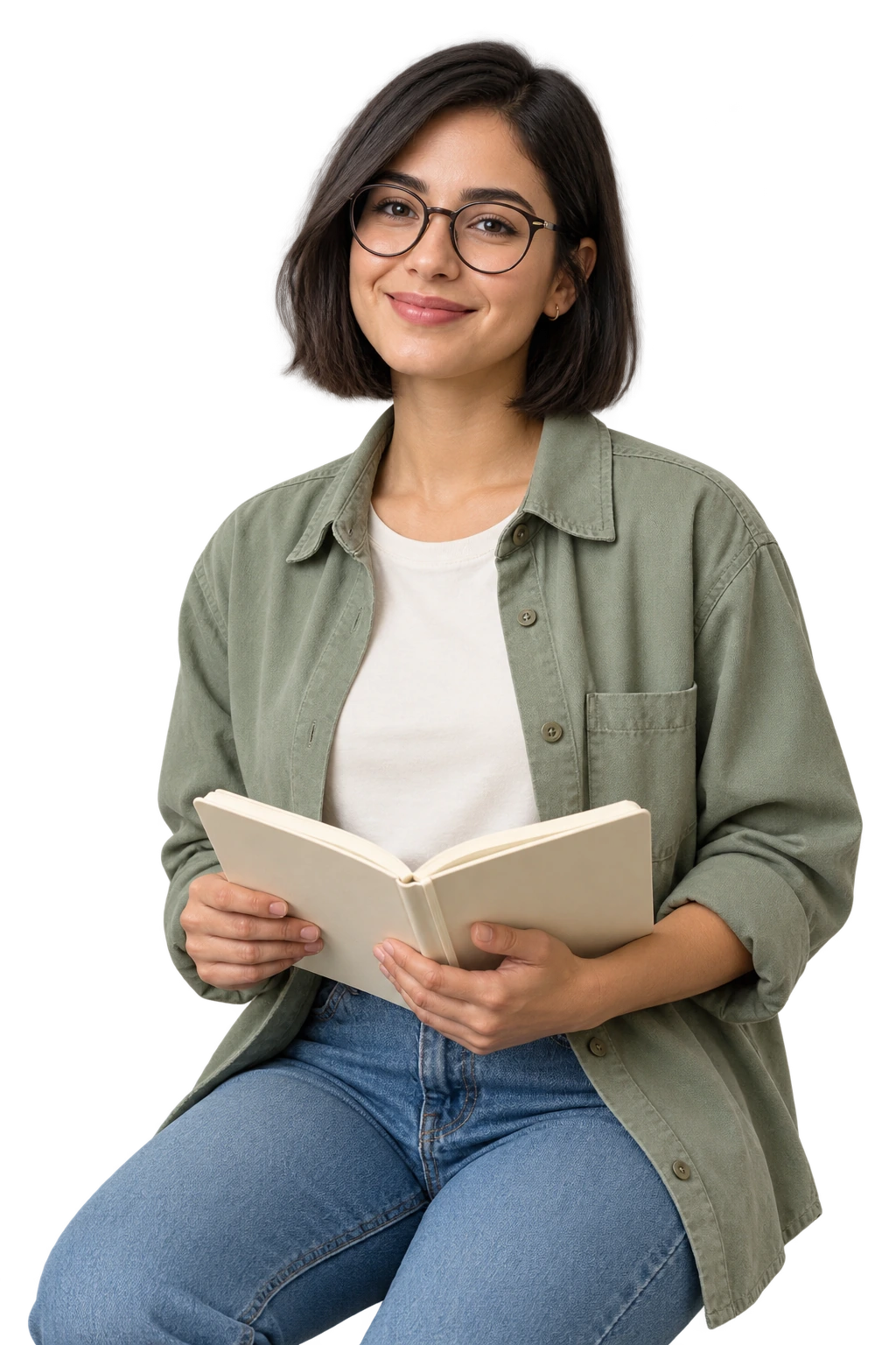 Estudiante de pelo corto y gafas con un cuaderno abierto