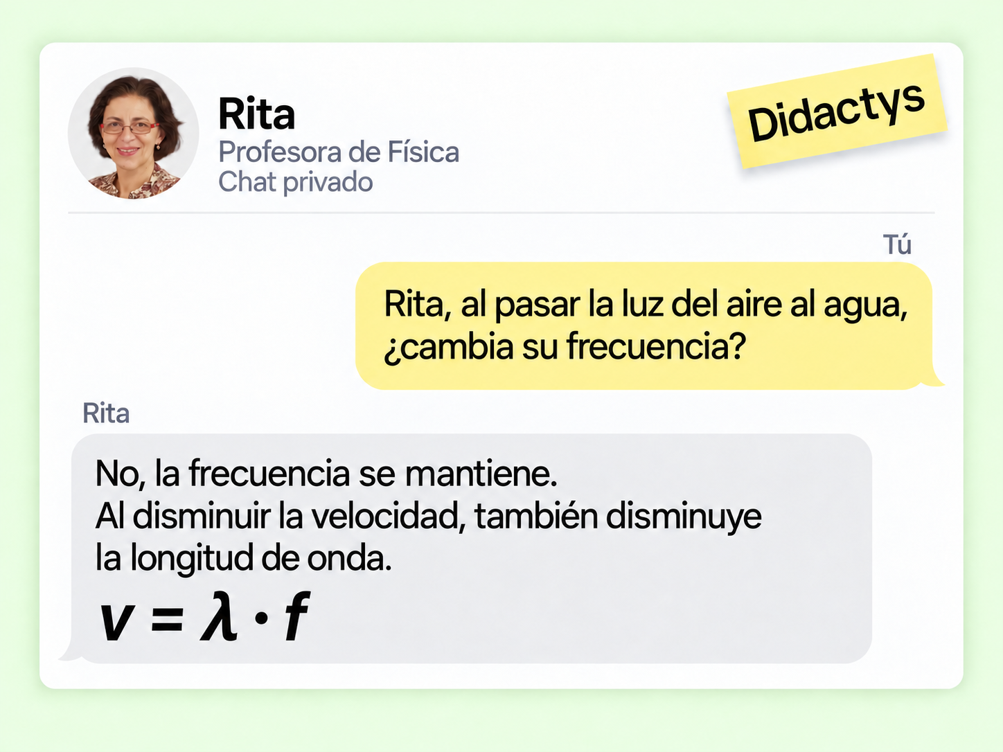 Chat privado con Rita, profesora de Física. Al pasar la luz del aire al agua, la frecuencia se mantiene y disminuyen la velocidad y la longitud de onda: v = λ · f.