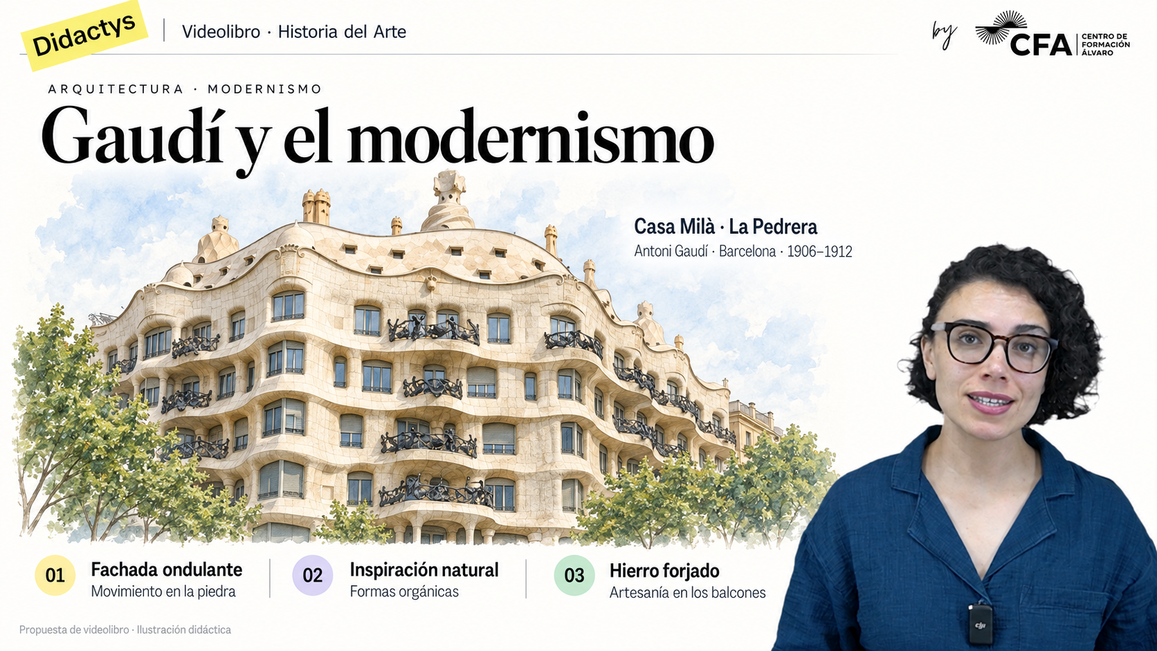 Videolibro de Historia del Arte con la profesora junto a una ilustración de Casa Milà, de Antoni Gaudí: fachada ondulante, inspiración natural y balcones de hierro forjado.