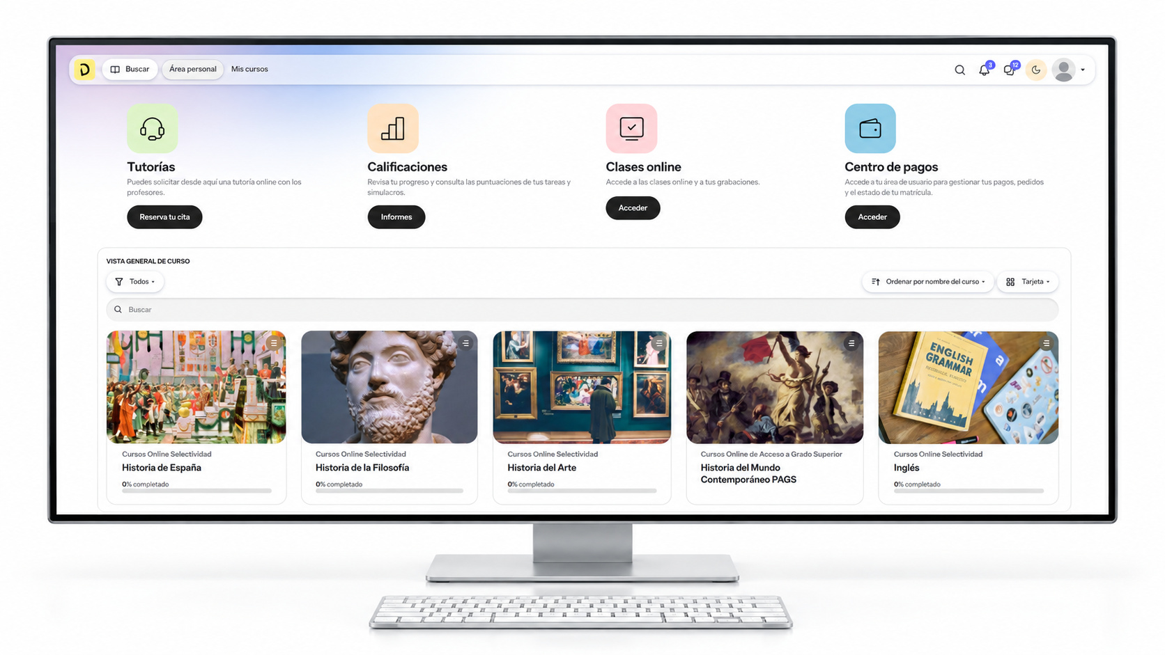 Vista del campus Didactys con asignaturas, clases, tutorías y materiales