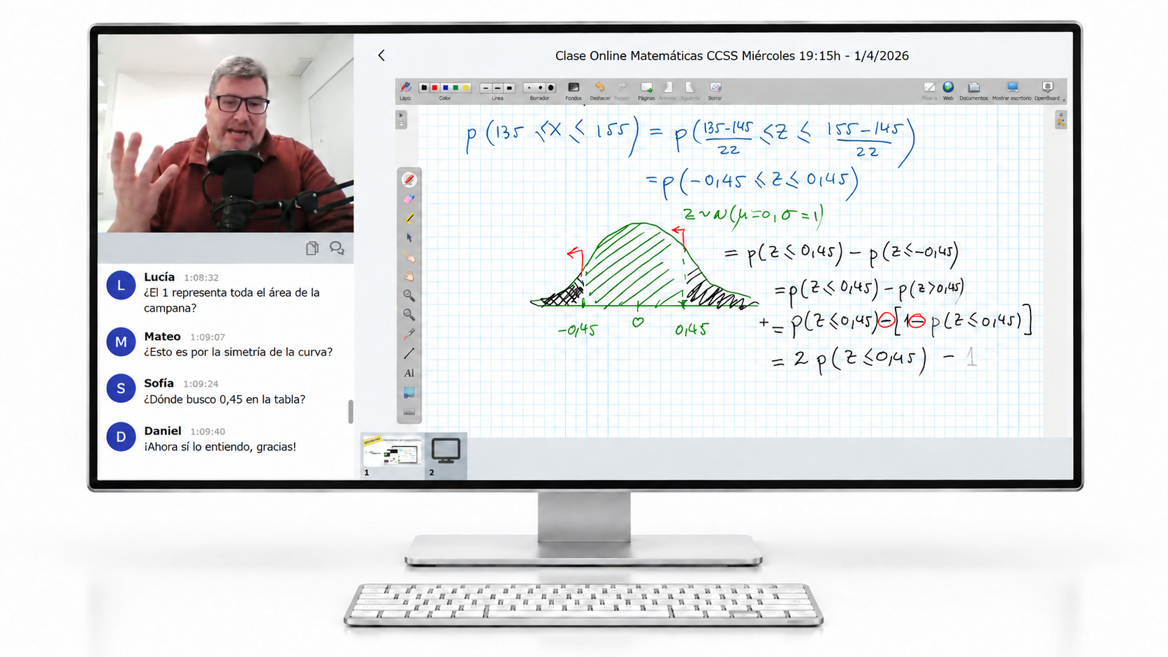Clase de Matemáticas de Luis con pizarra y chat de alumnos