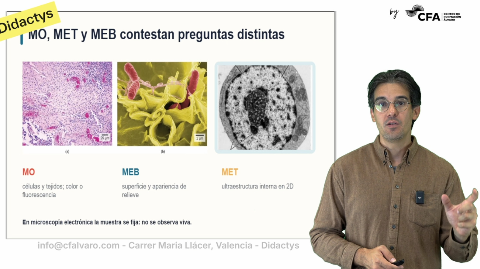 Captura original de una explicación de Biología: el profesor junto a imágenes de microscopía óptica, electrónica de barrido y electrónica de transmisión.