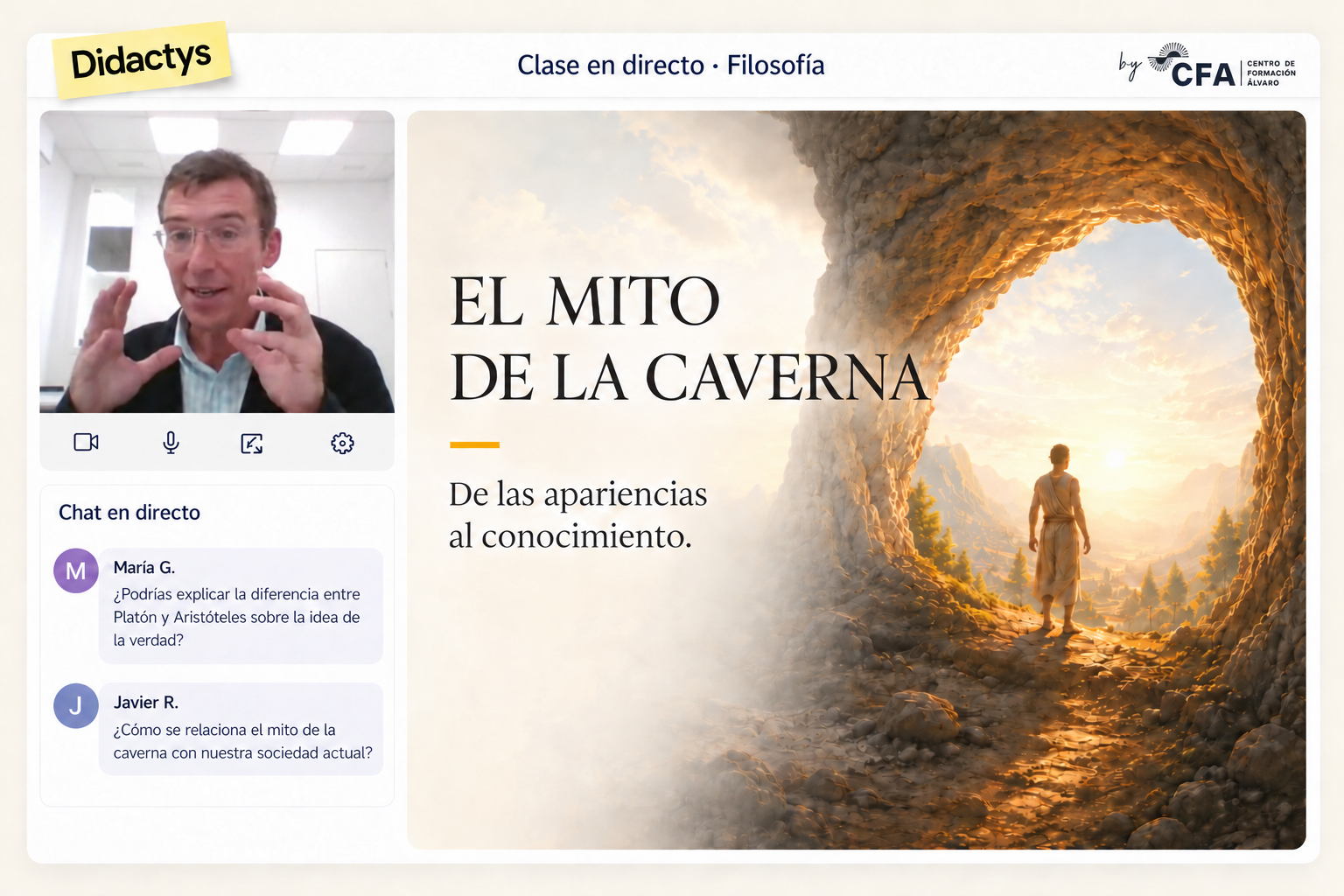 Clase de Filosofía sobre el mito de la caverna, con una fotografía del profesor y preguntas de alumnos.
