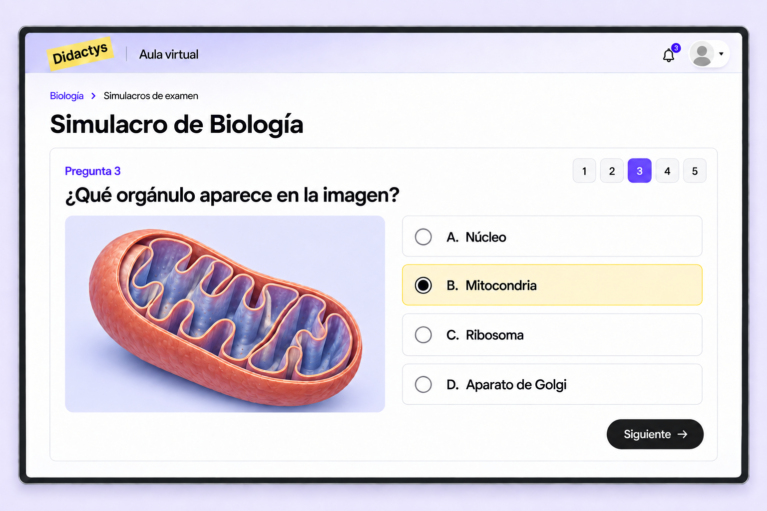 Simulacro de Biología en el aula virtual Didactys, con una imagen y respuestas de opción múltiple.